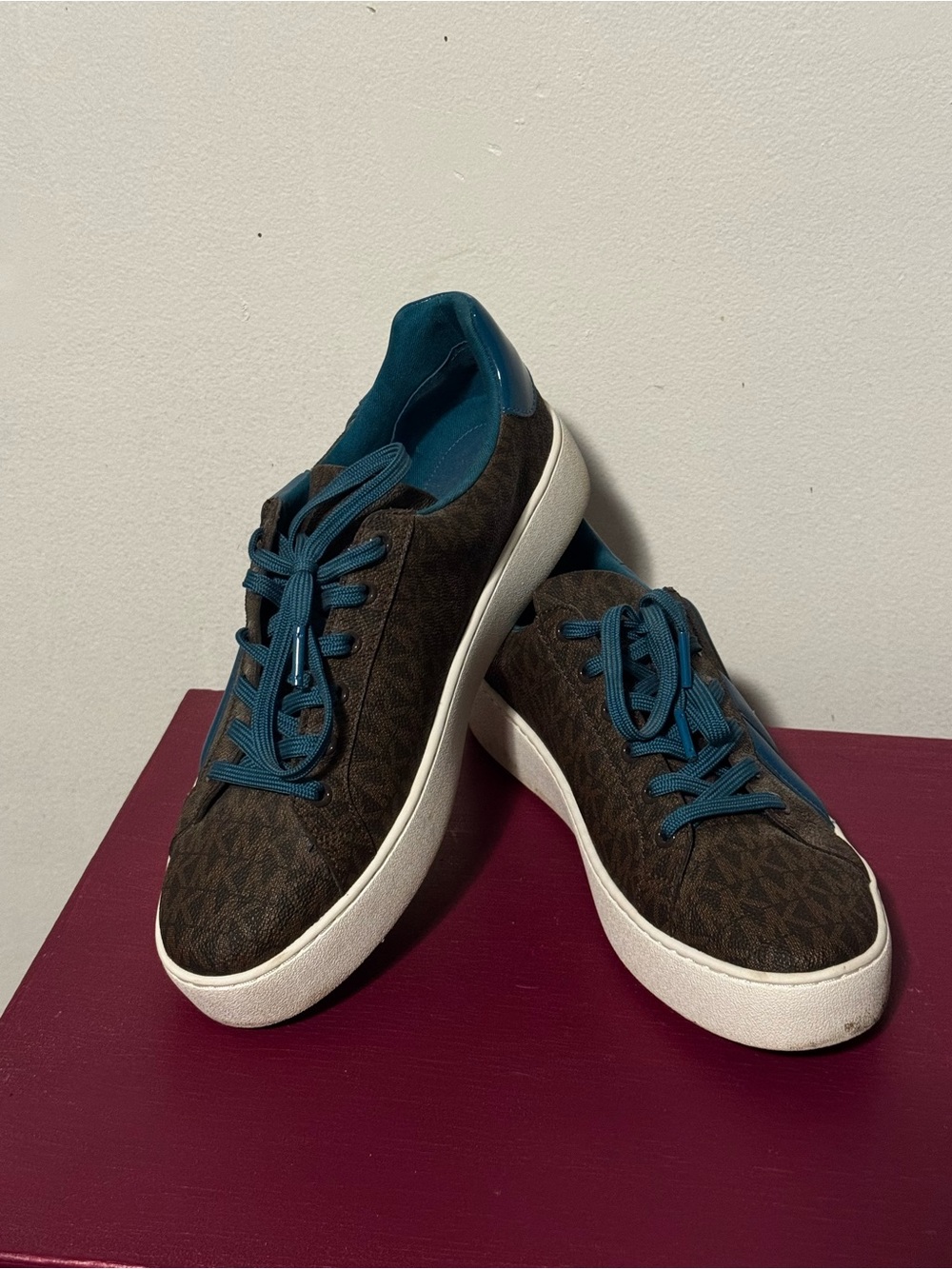 Women's Michael Kors Brown Patterned Sneakers with Teal Accents